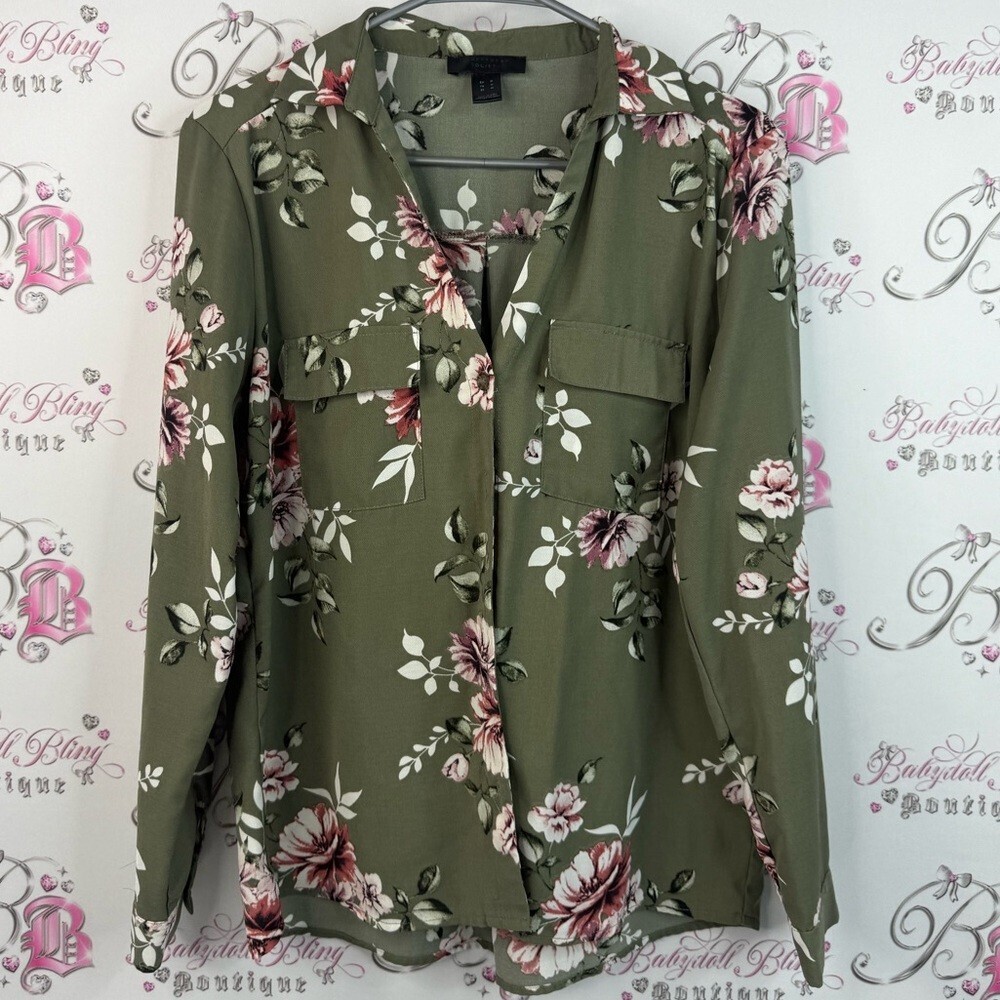 Streetwear Society long sleeve green flowers Olive Floral Button Down Shirt